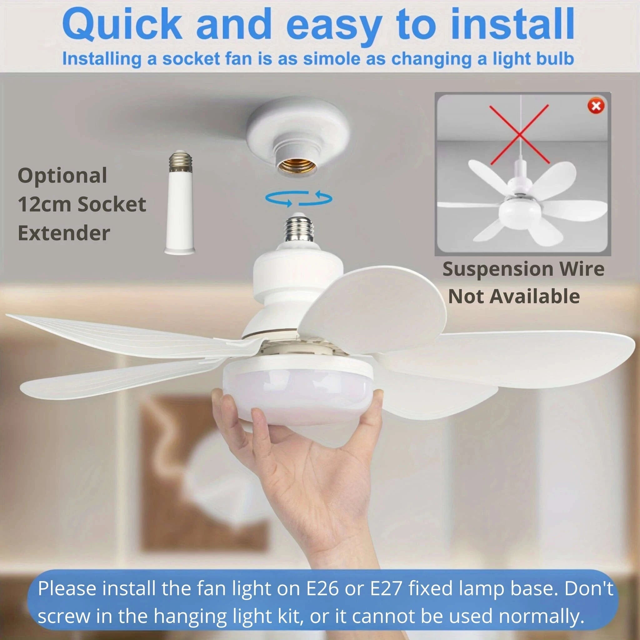21.5" Socket Ceiling Fan Light with Remote, E27 LED Dimmable Fan-Fan Light-Color / 85-265V