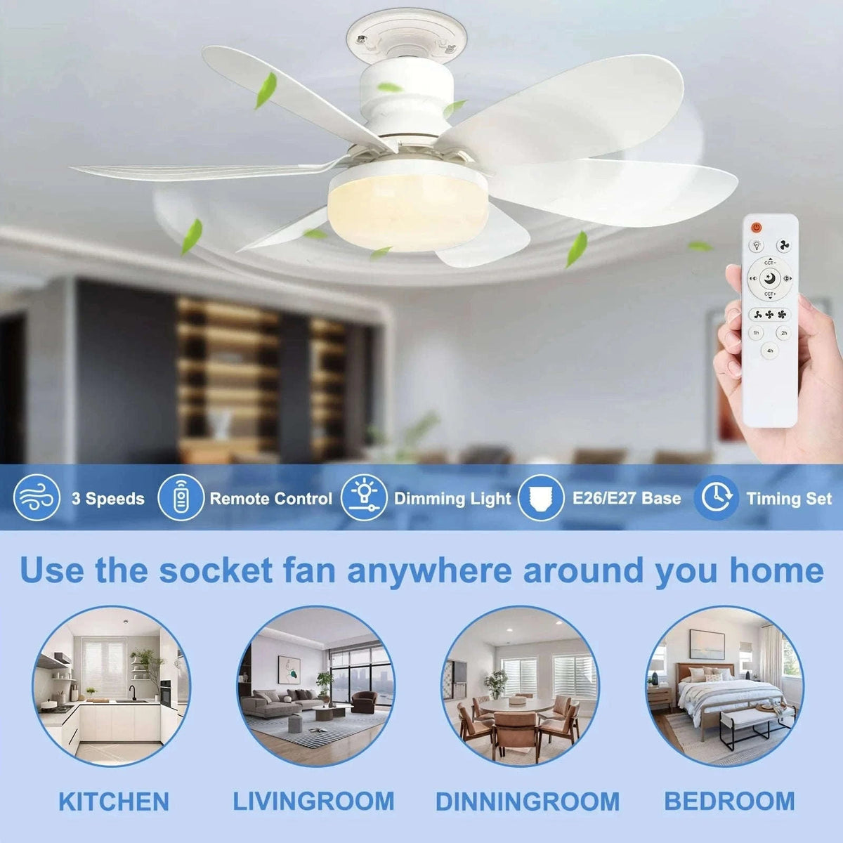 21.5" Socket Ceiling Fan Light with Remote, E27 LED Dimmable Fan-Fan Light-Color / 85-265V