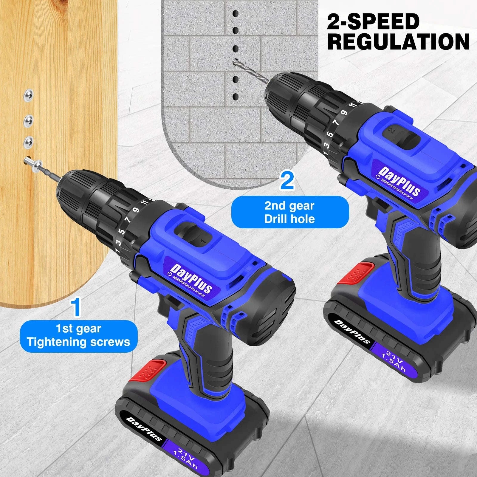 21V Cordless Drill and Electric Screwdriver Kit-2 Batteries / UK / UNITED KINGDOM