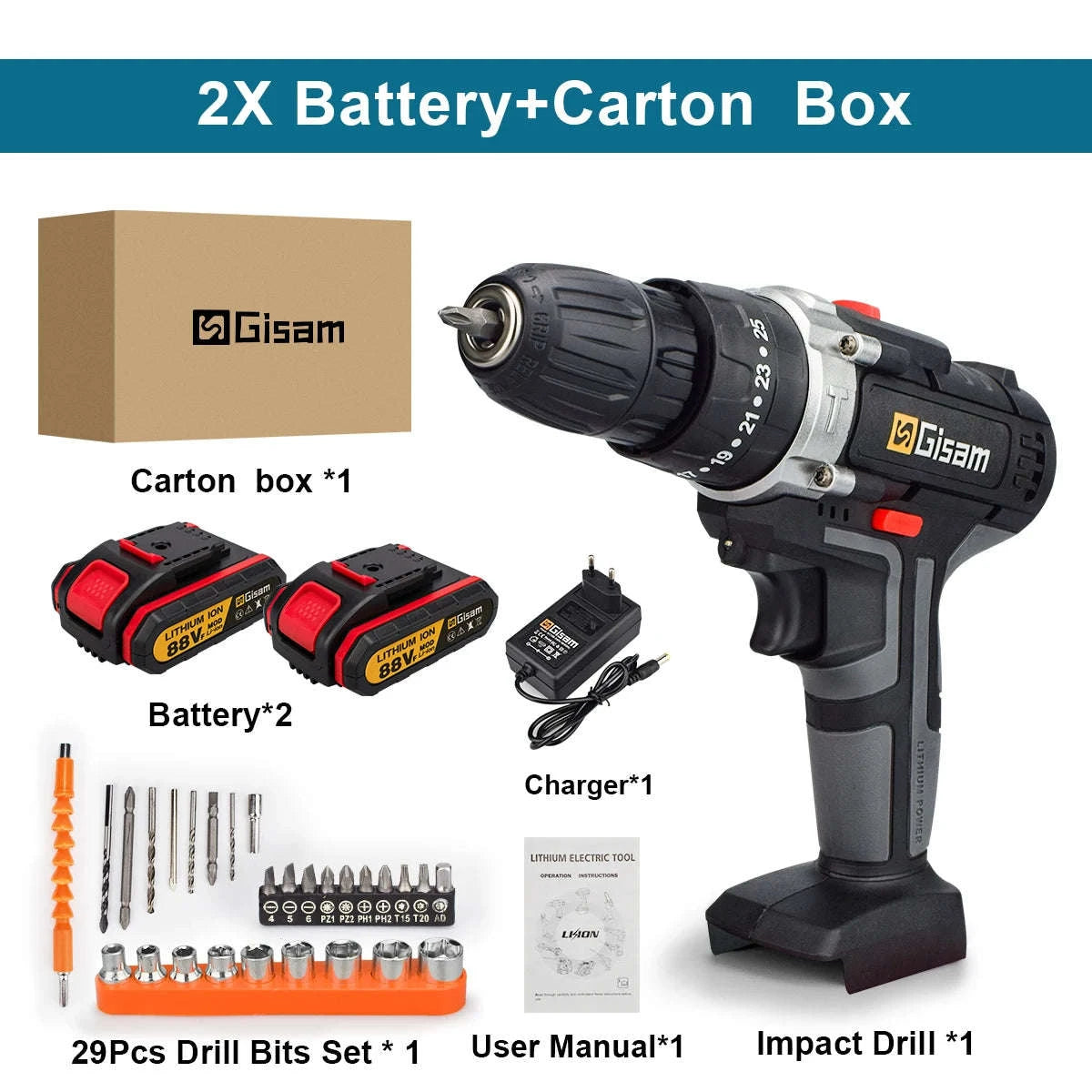 21V Cordless Impact Drill and Electric Screwdriver-2 Battery PlasticBox / GERMANY