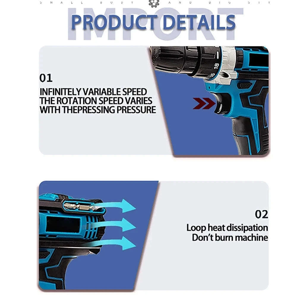 21V Cordless Impact Drill Screwdriver with Brushless Motor-2 Battery / spain