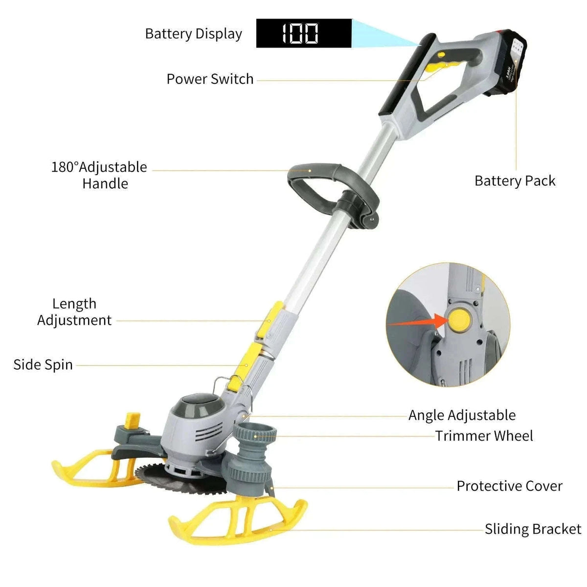 21V Cordless Weed Trimmer with Wheels, LED Display & 3 Blades-2 pcs batteries / france