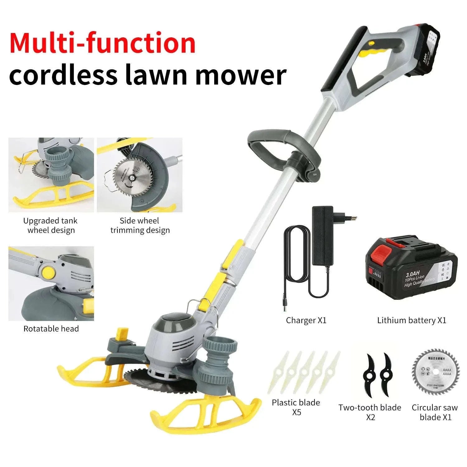 21V Cordless Weed Trimmer with Wheels, LED Display & 3 Blades-2 pcs batteries / france