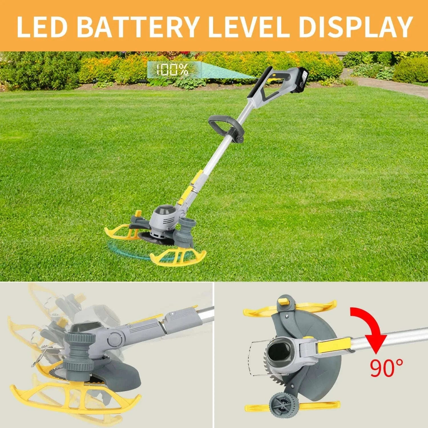 21V Cordless Weed Trimmer with Wheels, LED Display & 3 Blades-2 pcs batteries / france