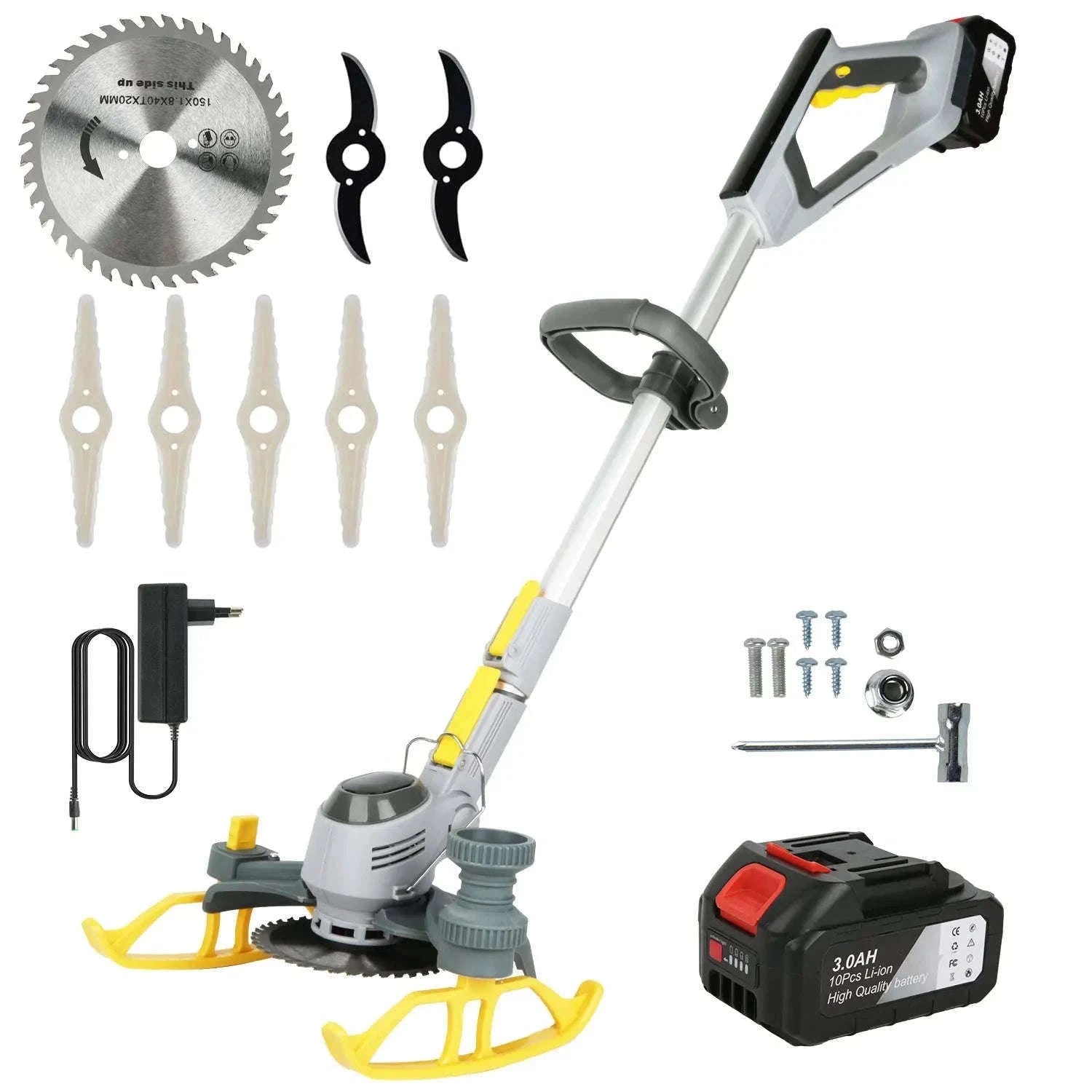 21V Cordless Weed Trimmer with Wheels, LED Display & 3 Blades-2 pcs batteries / france