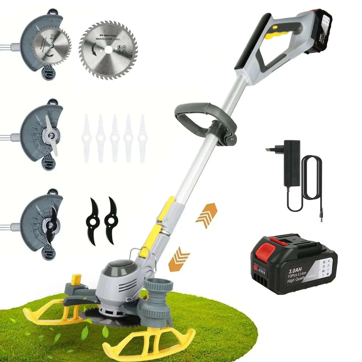 21V Cordless Weed Trimmer with Wheels, LED Display & 3 Blades-2 pcs batteries / france