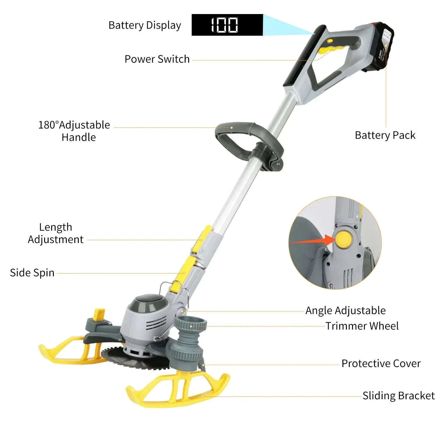21V Cordless Weed Trimmer with Wheels, LED Display & 3 Blades-2 pcs batteries / france