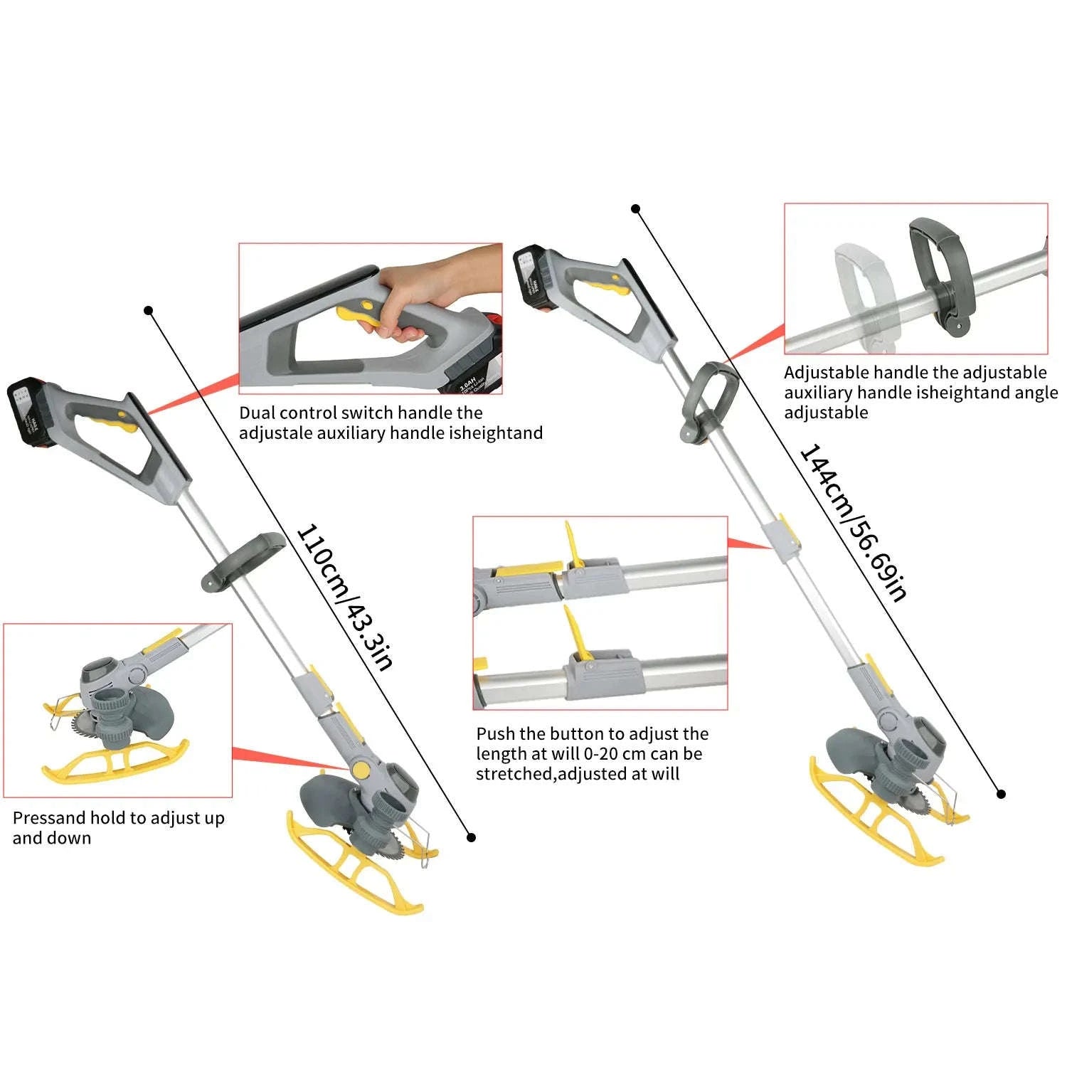 21V Cordless Weed Trimmer with Wheels, LED Display & 3 Blades-2 pcs batteries / france