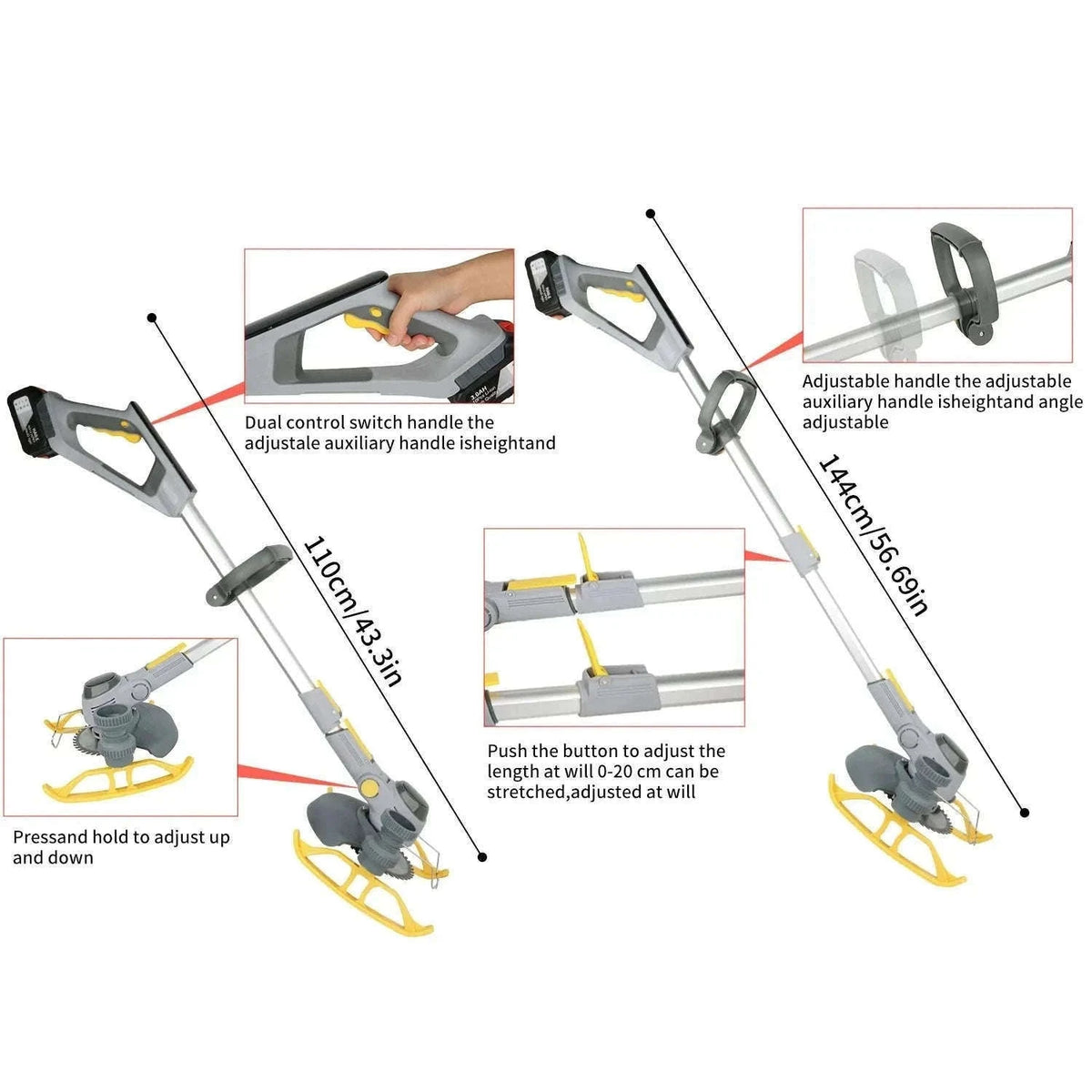 21V Cordless Weed Trimmer with Wheels, LED Display & 3 Blades-2 pcs batteries / france