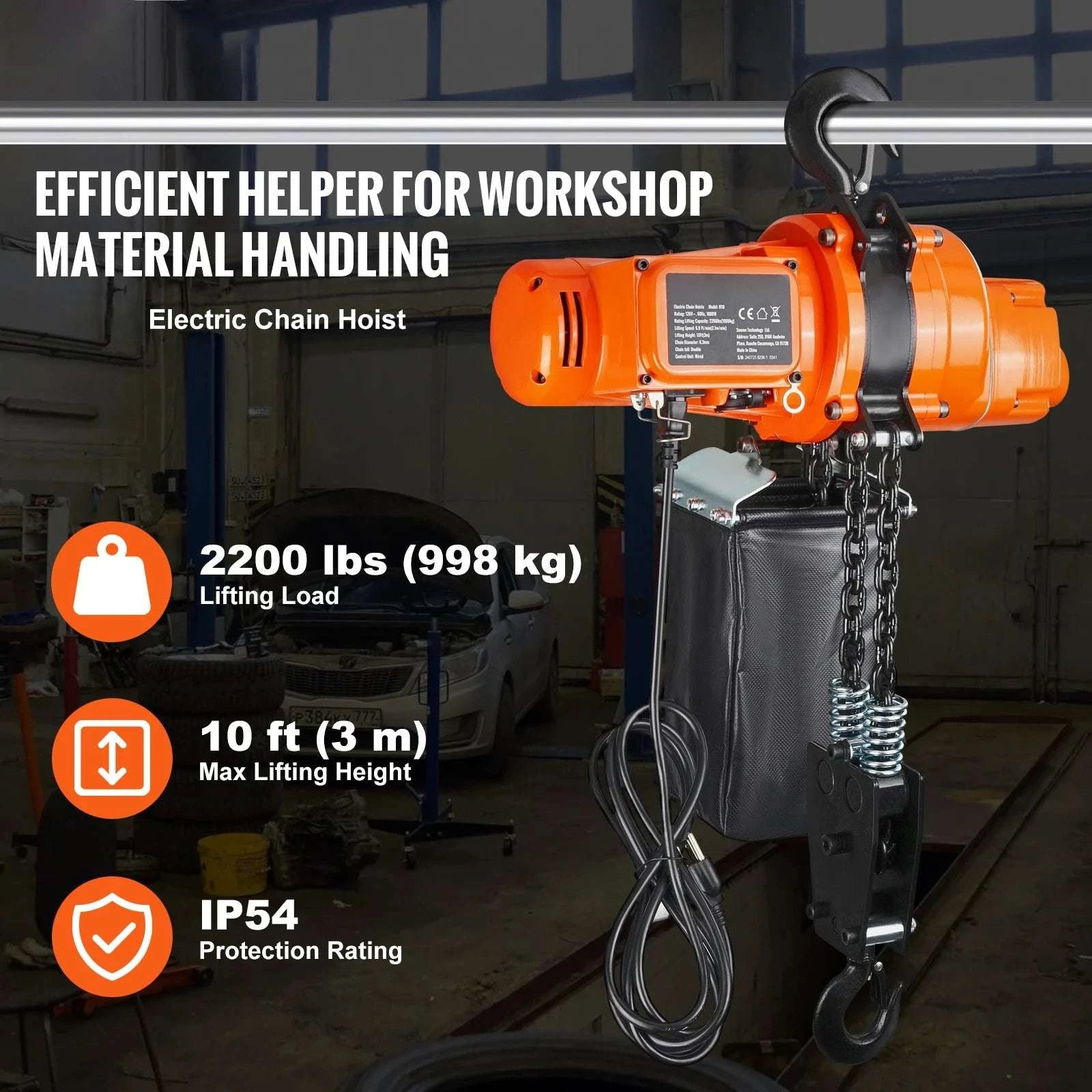 2200 lbs Electric Chain Hoist with 10 ft Lift & Wired Remote-2200lbs / GERMANY