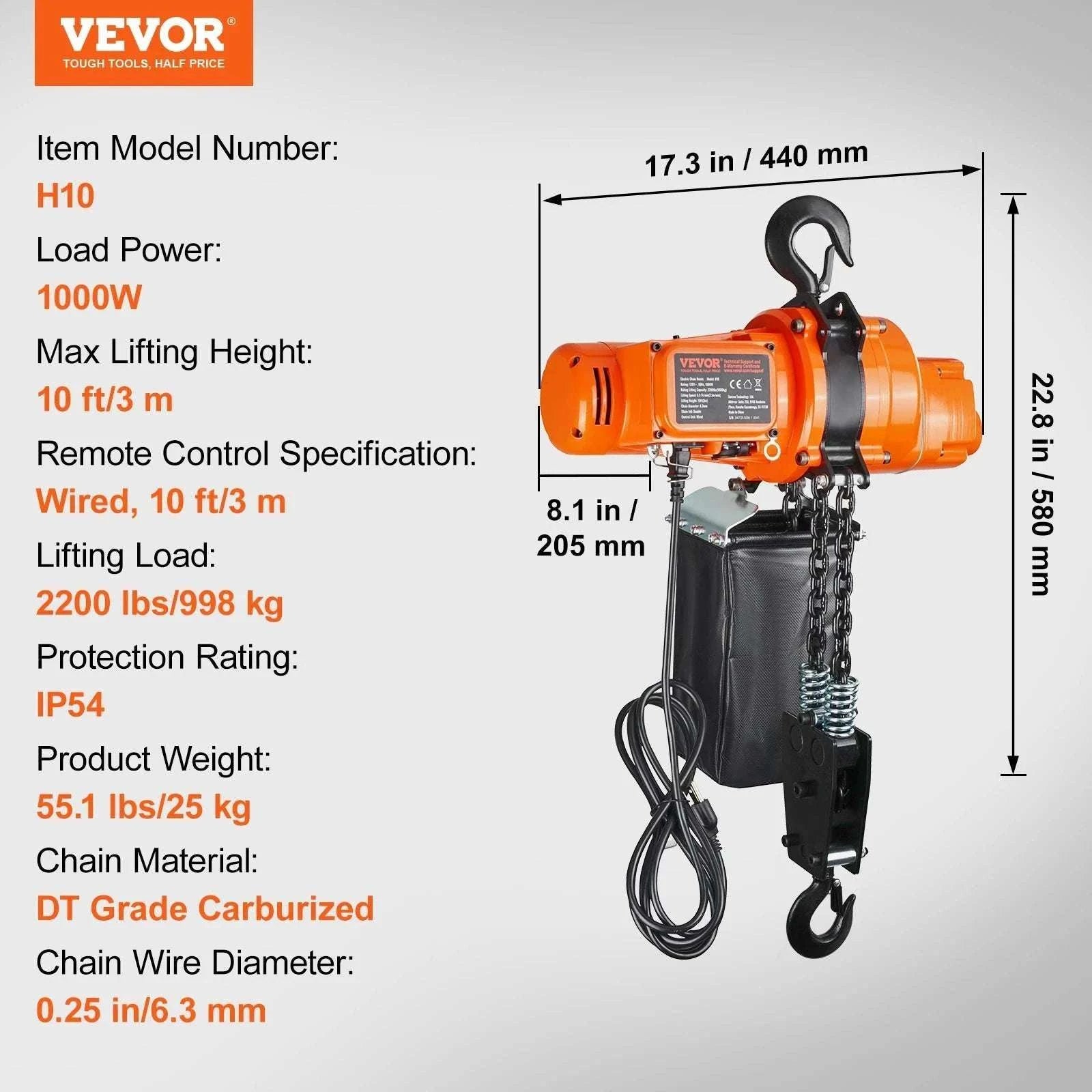 2200 lbs Electric Chain Hoist with 10 ft Lift & Wired Remote-2200lbs / GERMANY