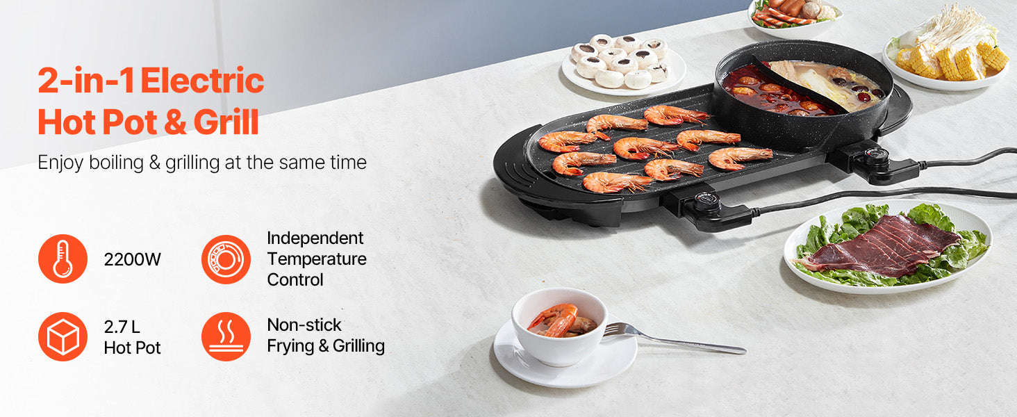 2200W 2-in-1 Electric Hot Pot with Grill for 1-6 People-2200W 2-in-1 / United States
