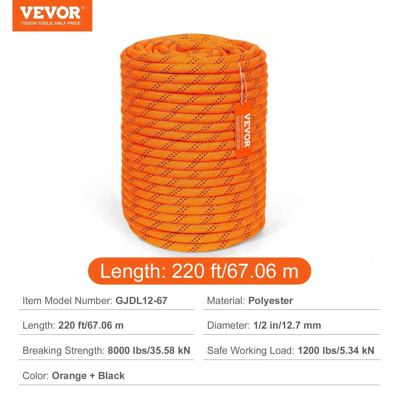 220ft Double-Braided Polyester Rope 48-Strand High Strength Cord-0.5in 8000lbs / United States