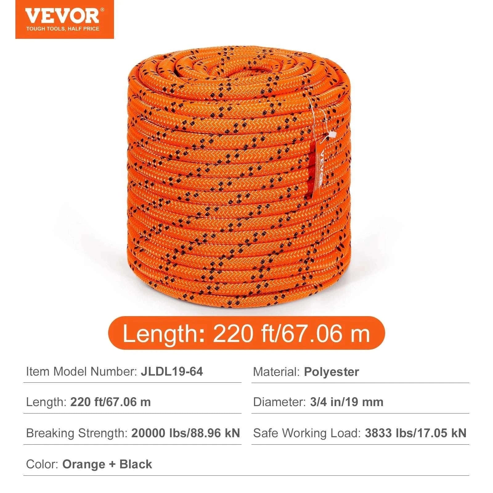 220ft Double-Braided Polyester Rope 48-Strand High Strength Cord-0.5in 8000lbs / United States