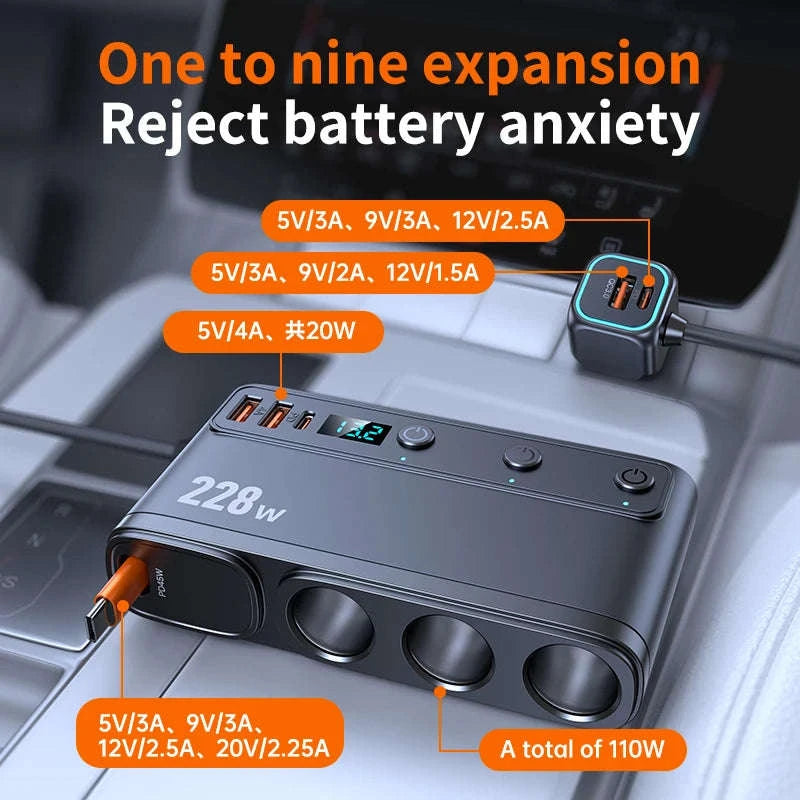 228W 9-in-1 Car Fast Charger Adapter with 3-Socket Splitter-228W
