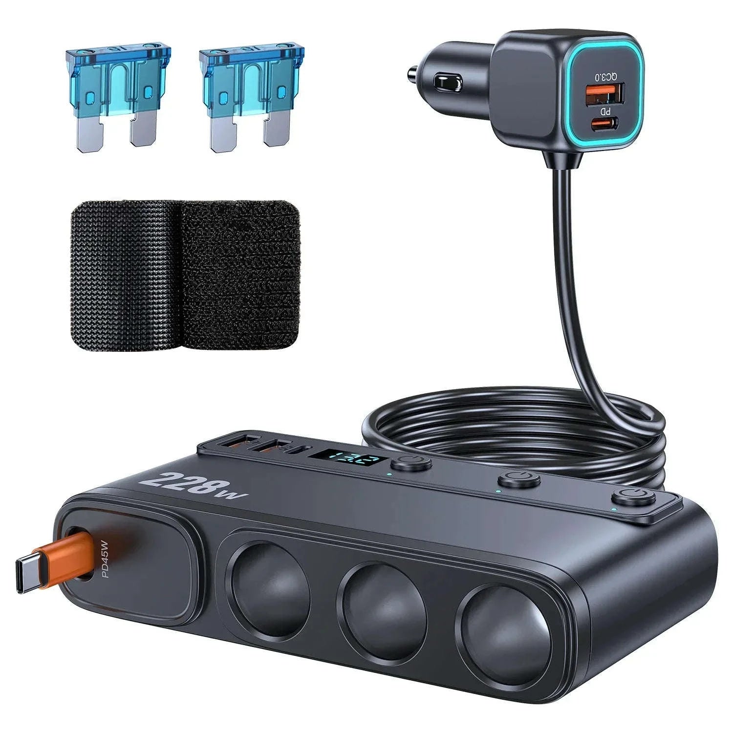 228W 9-in-1 Car Fast Charger Adapter with 3-Socket Splitter-228W