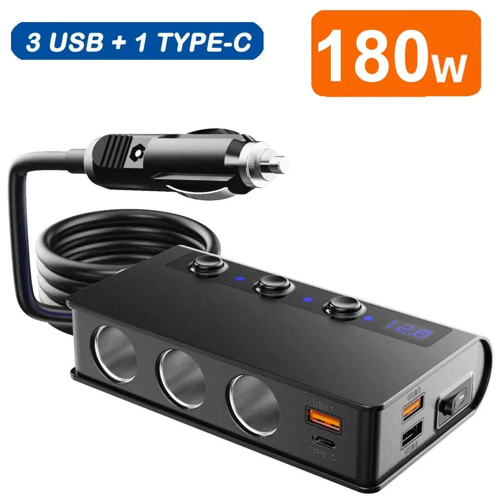 228W 9-in-1 Car Fast Charger Adapter with 3-Socket Splitter-228W