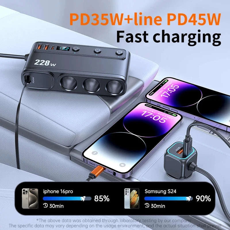 228W 9-in-1 Car Fast Charger Adapter with 3-Socket Splitter-228W