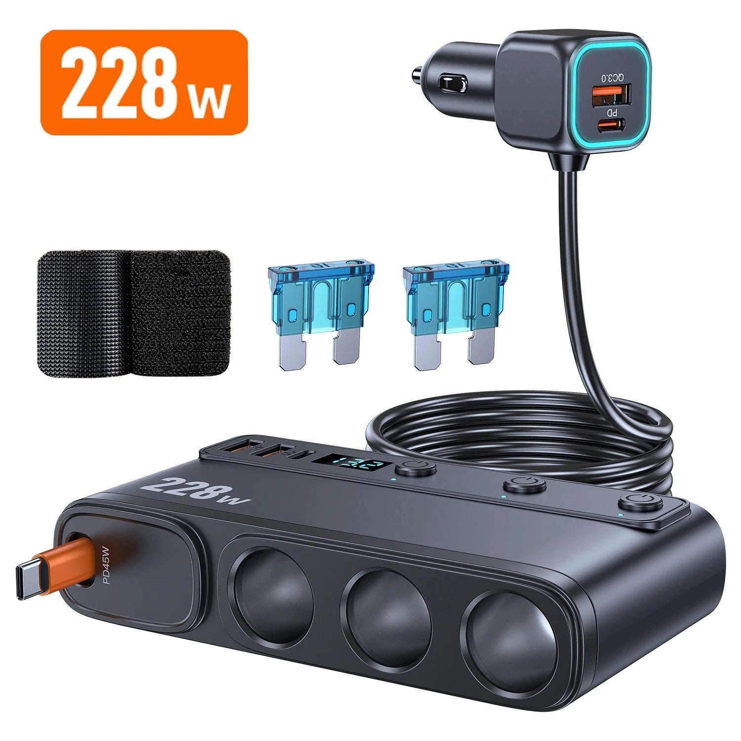 228W 9-in-1 Car Fast Charger Adapter with 3-Socket Splitter-228W