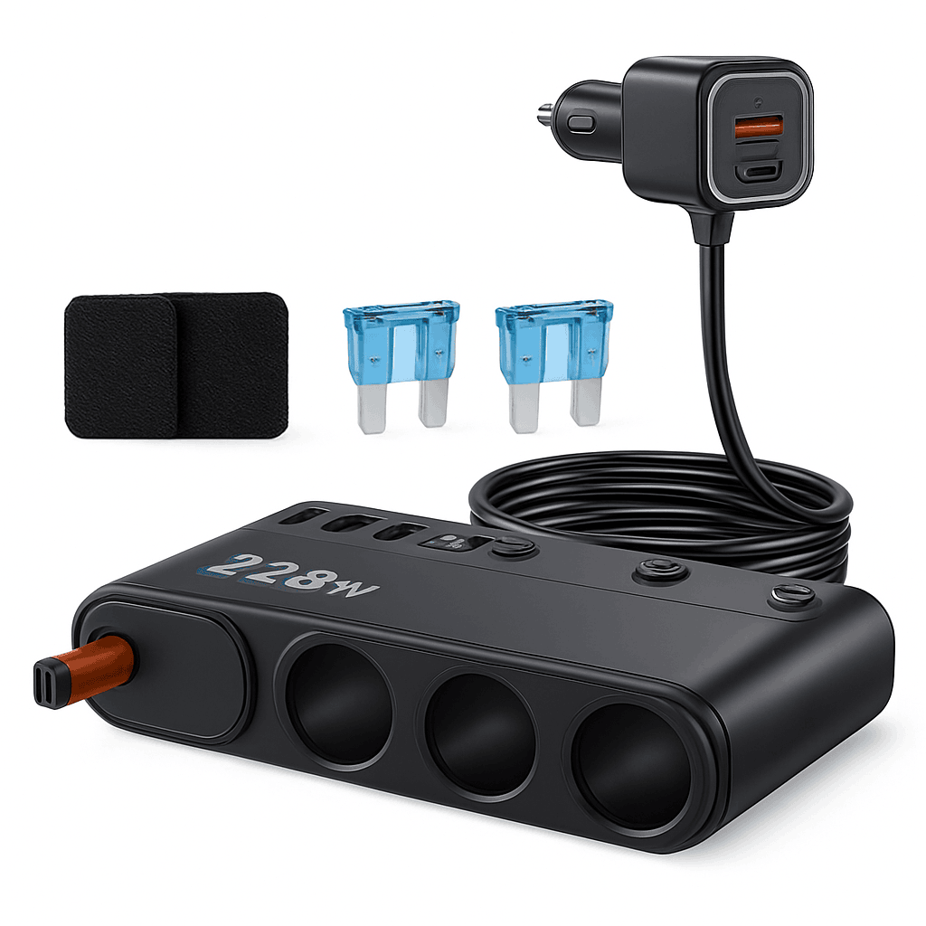 228W 9-in-1 Car Fast Charger Adapter with 3-Socket Splitter-228W