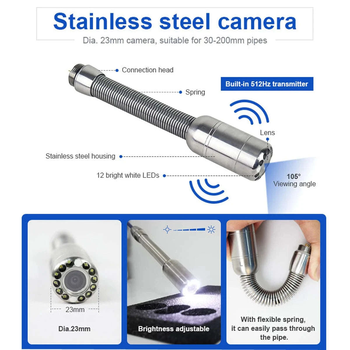 23mm Sewer Inspection Camera System with 512Hz Locator, Waterproof, Meter Counter-23mm Soft 512Self / 10m