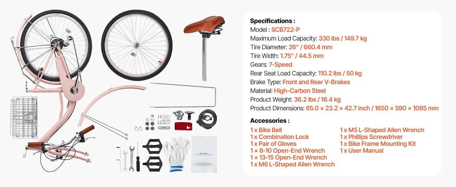 24/26 Inch Cruiser Bike with Basket & Rear Rack, 7-Speed Comfort Ride-26in 7-Speed blue / United States