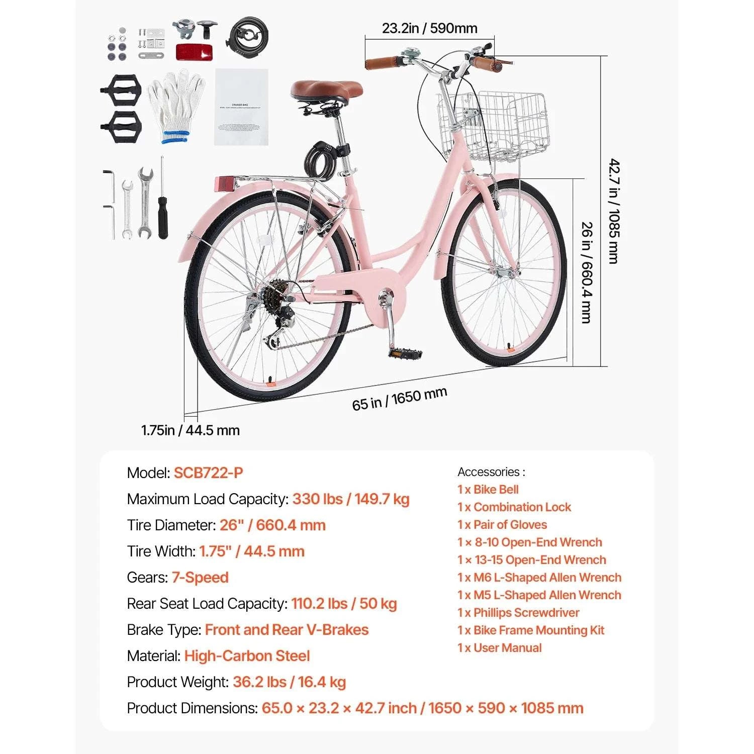 24/26 Inch Cruiser Bike with Basket & Rear Rack, 7-Speed Comfort Ride-26in 7-Speed blue / United States