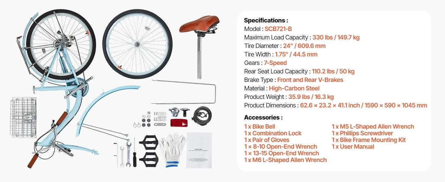 24/26 Inch Cruiser Bike with Basket & Rear Rack, 7-Speed Comfort Ride-26in 7-Speed blue / United States