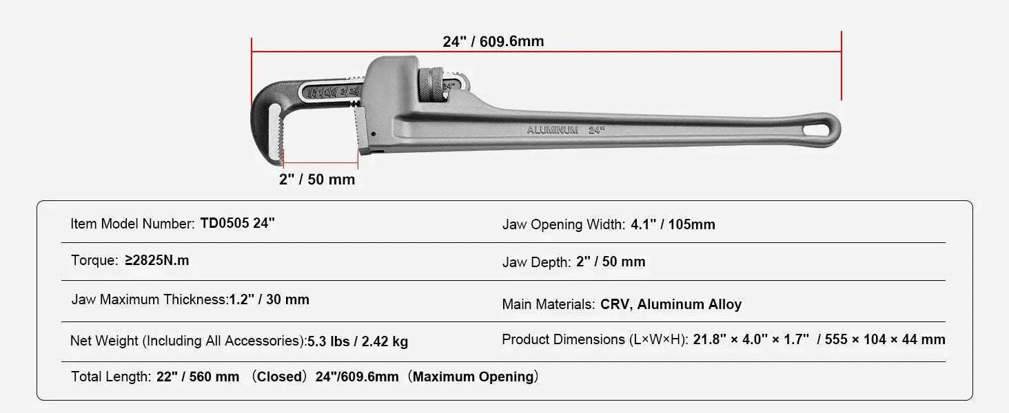 24" Aluminum Pipe Wrench Adjustable 4.1" Jaw Heavy-Duty Grip-10 14 18inch / United States