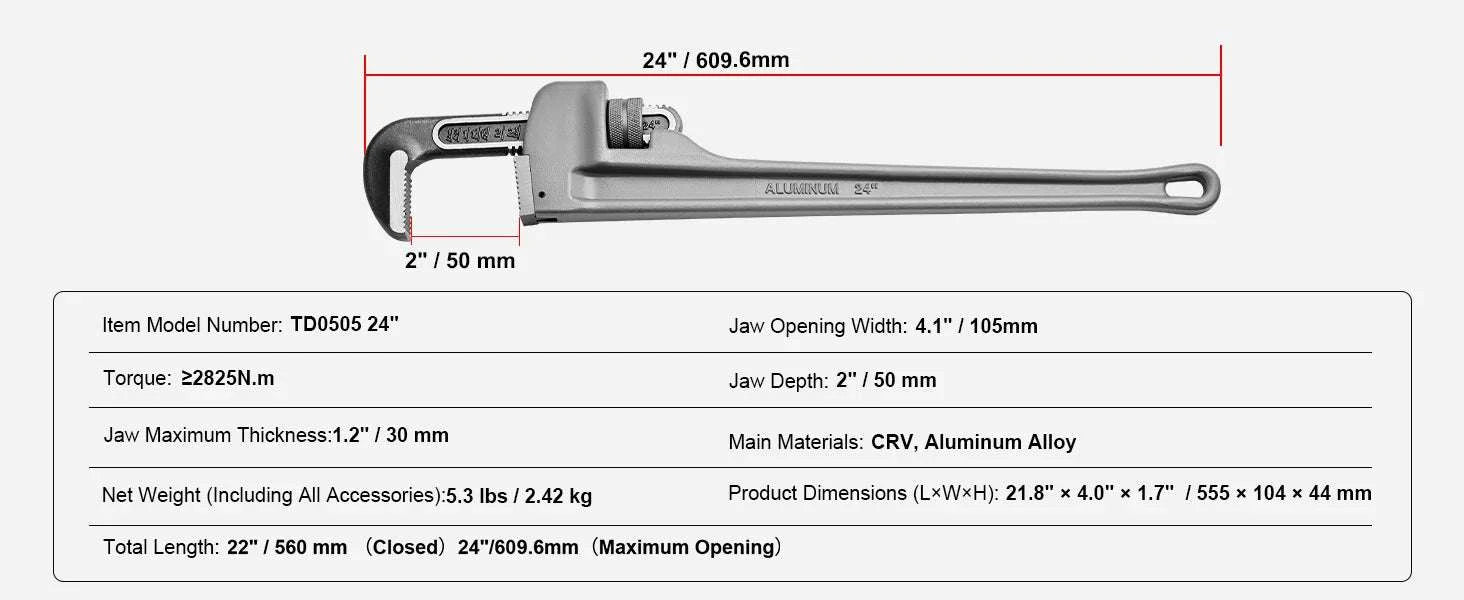 24" Aluminum Pipe Wrench Adjustable 4.1" Jaw Heavy-Duty Grip-10 14 18inch / United States