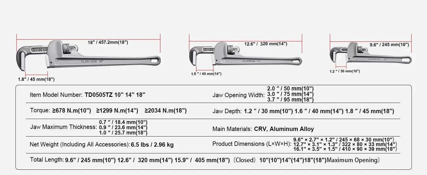 24" Aluminum Pipe Wrench Adjustable 4.1" Jaw Heavy-Duty Grip-10 14 18inch / United States