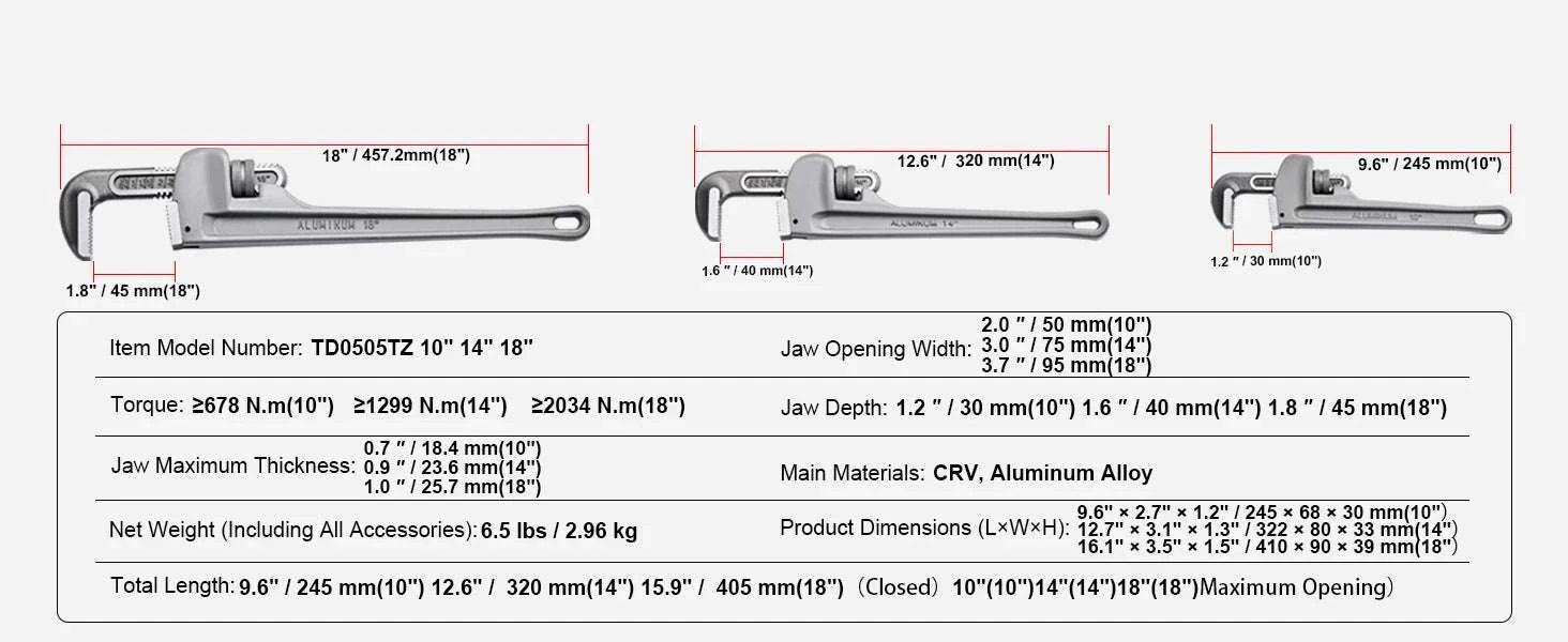24" Aluminum Pipe Wrench Adjustable 4.1" Jaw Heavy-Duty Grip-10 14 18inch / United States