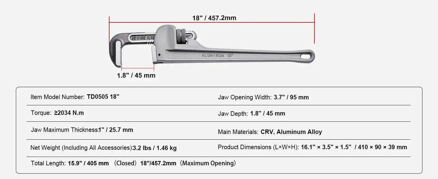 24" Aluminum Pipe Wrench Adjustable 4.1" Jaw Heavy-Duty Grip-10 14 18inch / United States