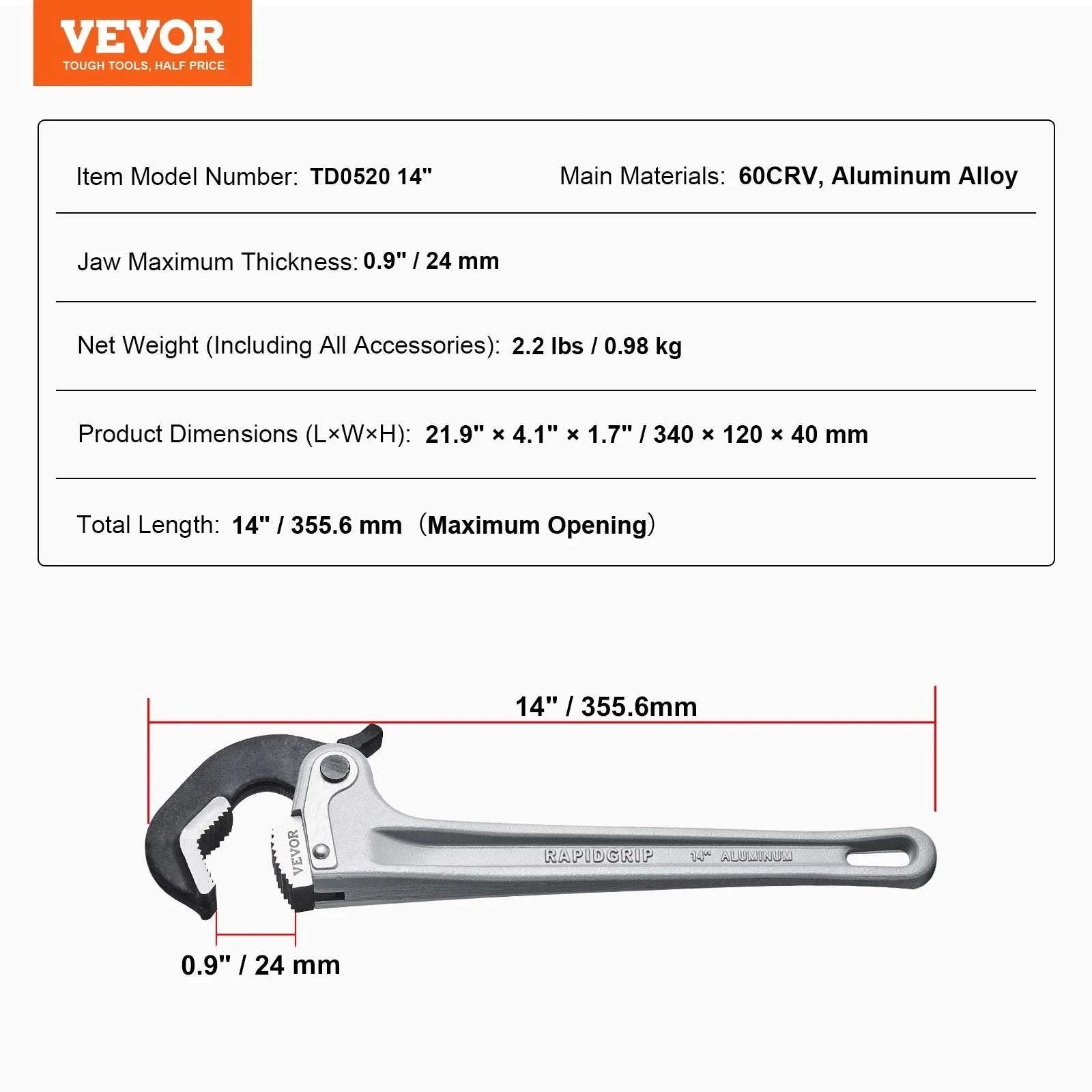 24" Aluminum Pipe Wrench Adjustable 4.1" Jaw Heavy-Duty Grip-10 14 18inch / United States