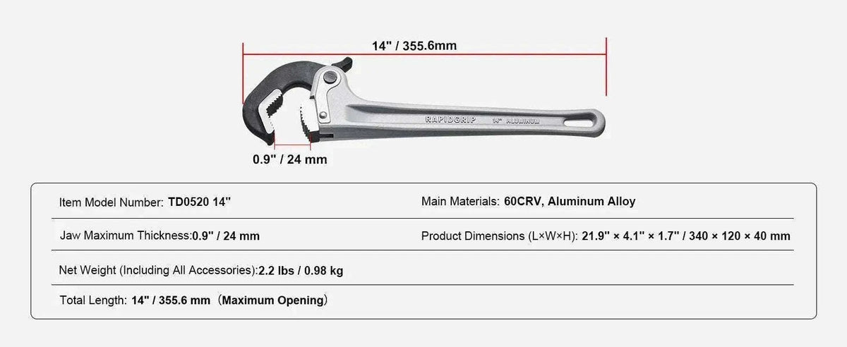 24" Aluminum Pipe Wrench Adjustable 4.1" Jaw Heavy-Duty Grip-10 14 18inch / United States