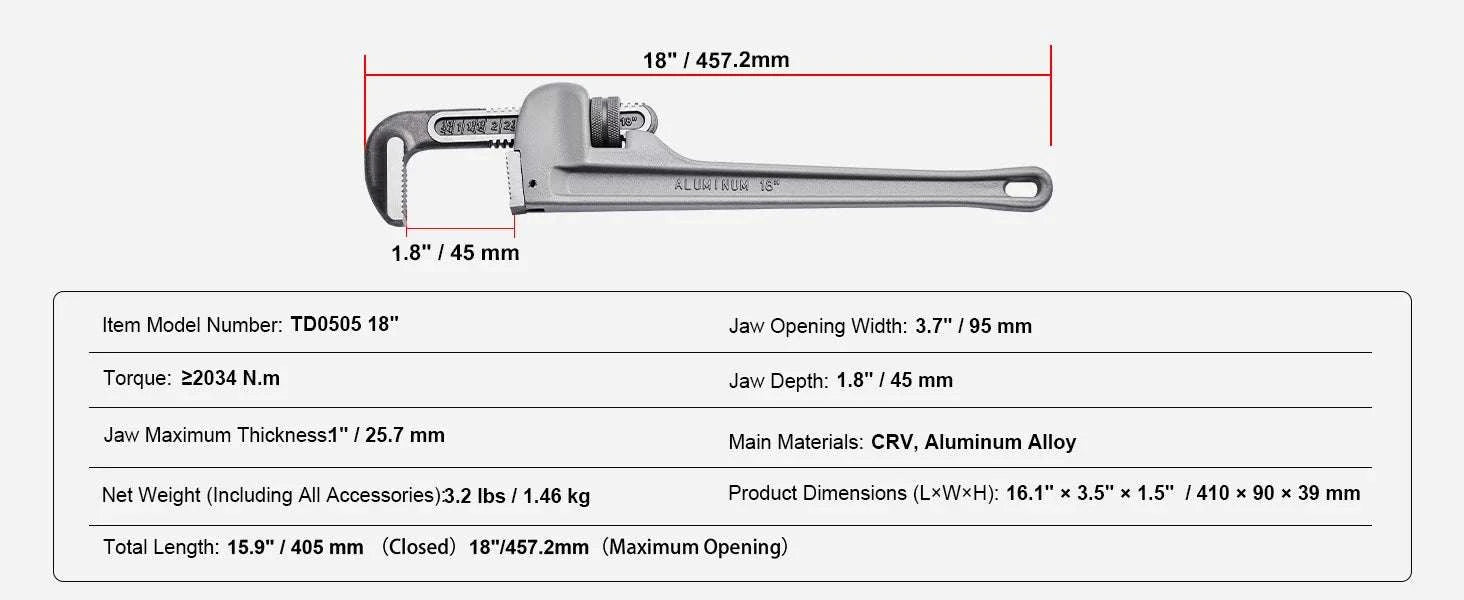 24" Aluminum Pipe Wrench Adjustable 4.1" Jaw Heavy-Duty Grip-10 14 18inch / United States