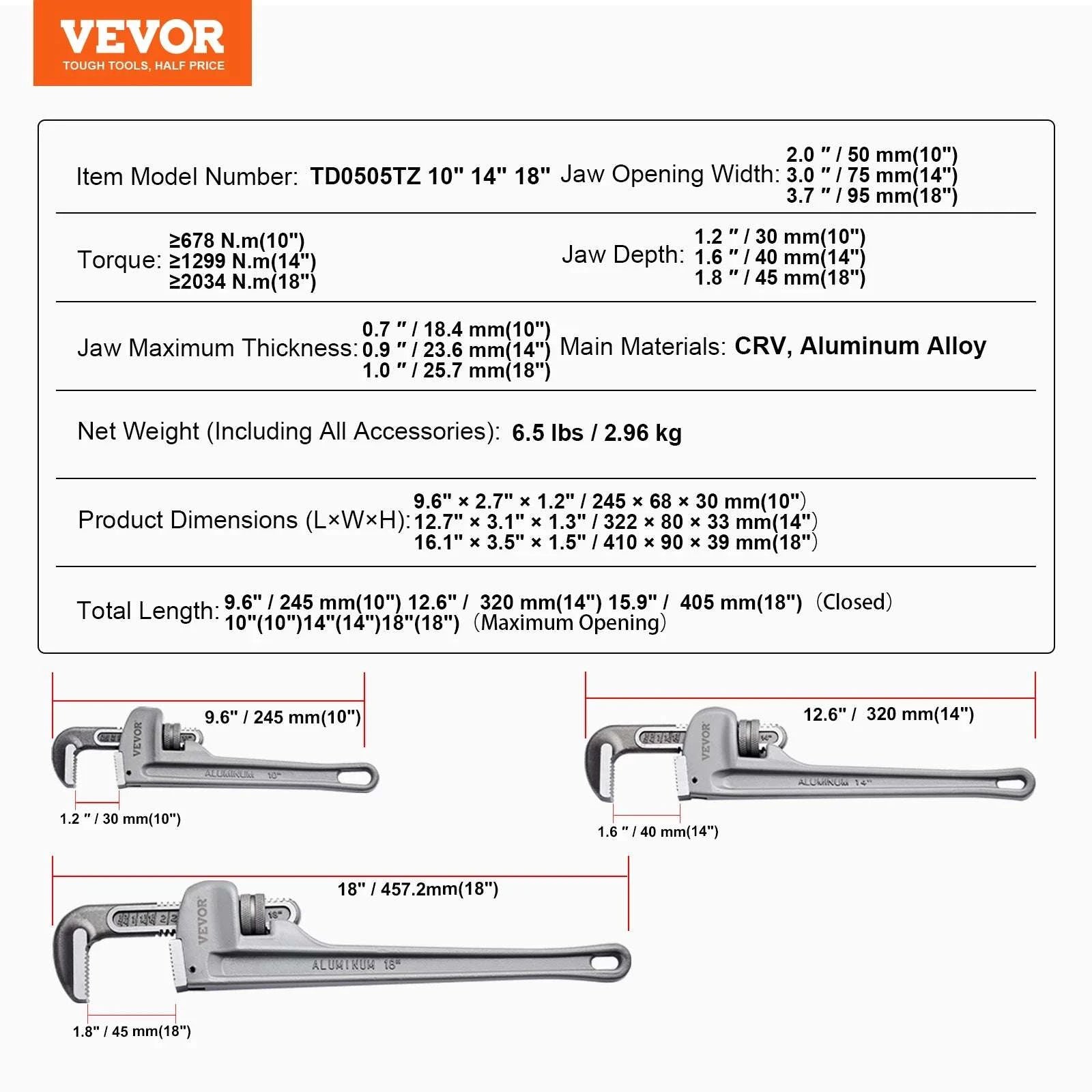 24" Aluminum Pipe Wrench Adjustable 4.1" Jaw Heavy-Duty Grip-10 14 18inch / United States