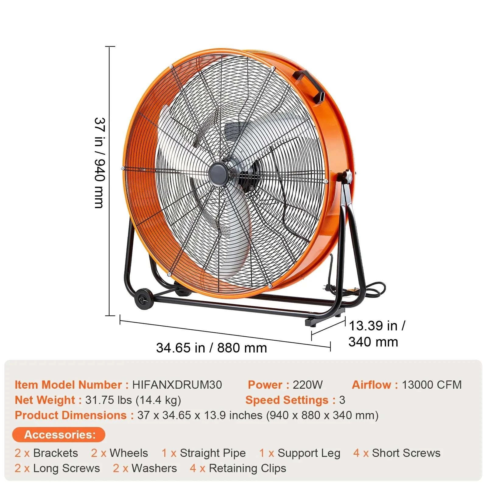 24-Inch High Velocity Drum Fan with 3 Speeds and Timer-30 inches AC / United States