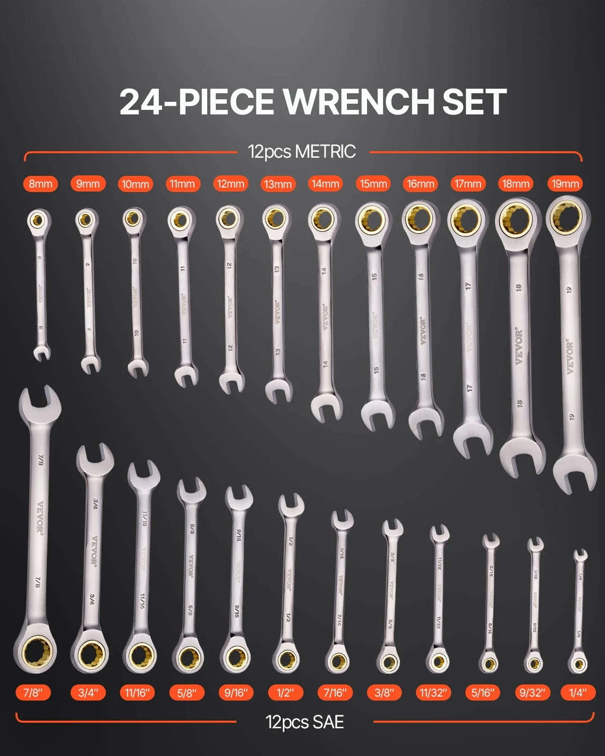 24-Piece Ratcheting Combination Wrench Set with Organizer Rack, SAE and Metric-24 pcs / spain