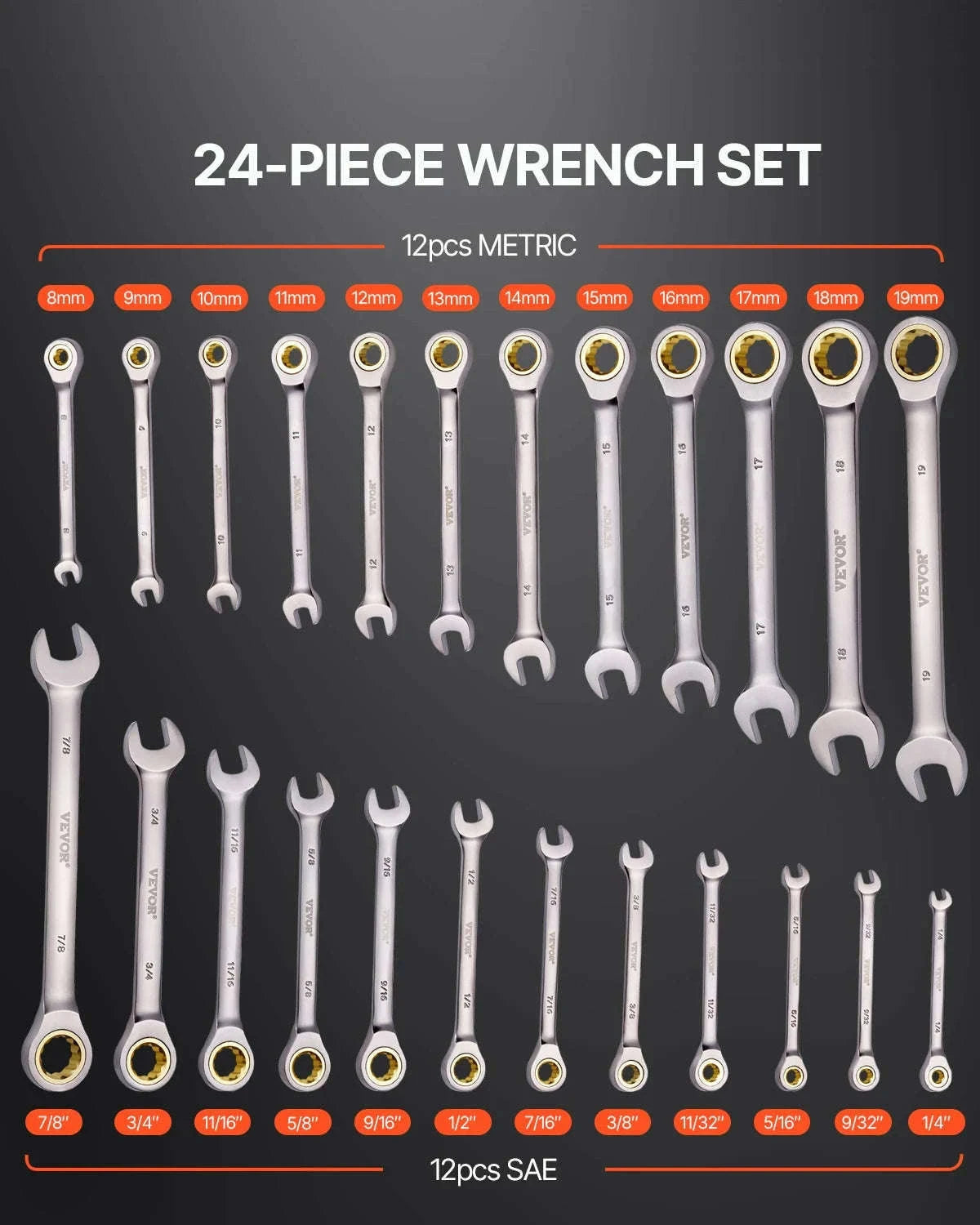 24-Piece Ratcheting Combination Wrench Set with Organizer Rack, SAE and Metric-24 pcs / spain
