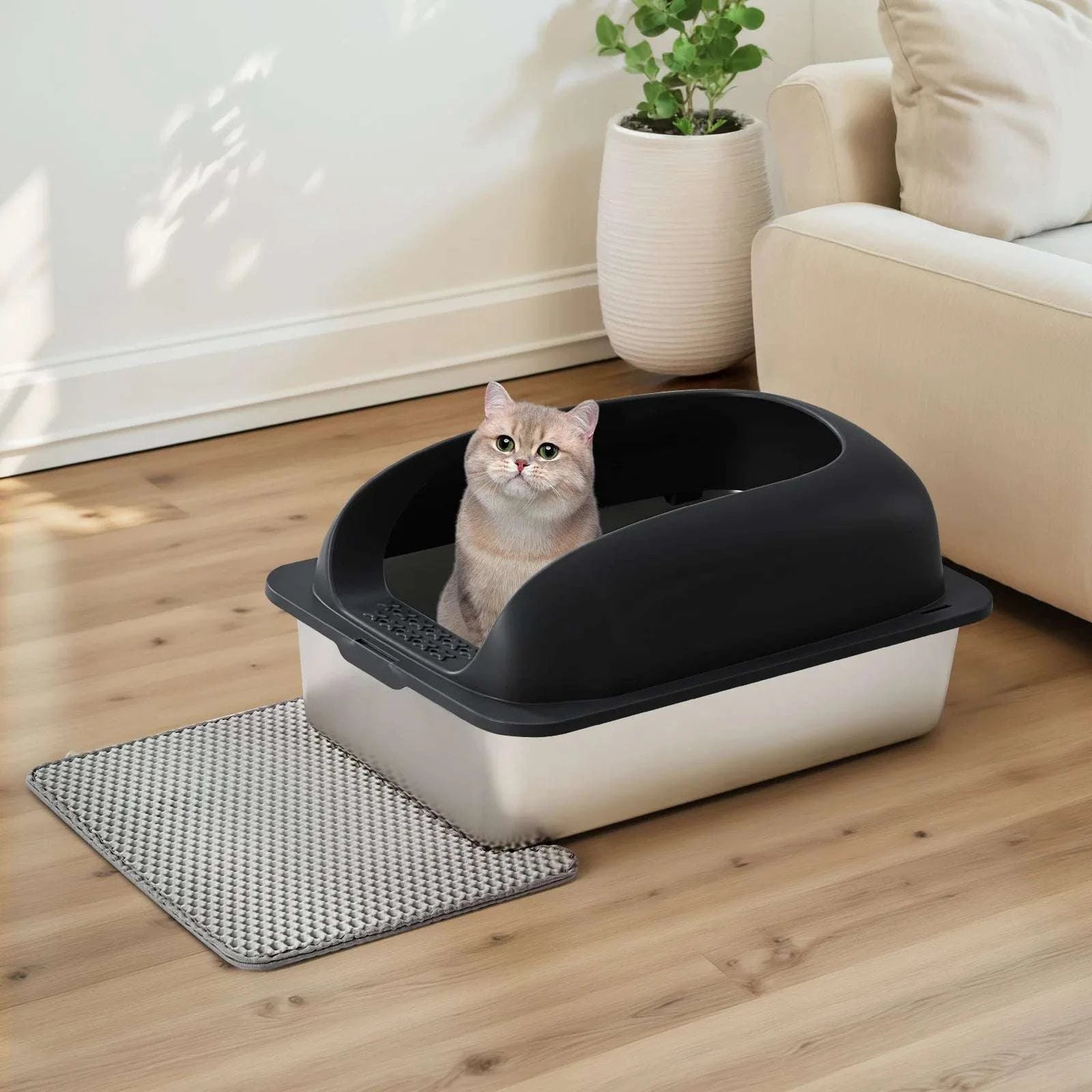 24" Stainless Steel Cat Litter Box with Lid, Scoop & Mat-black / United States