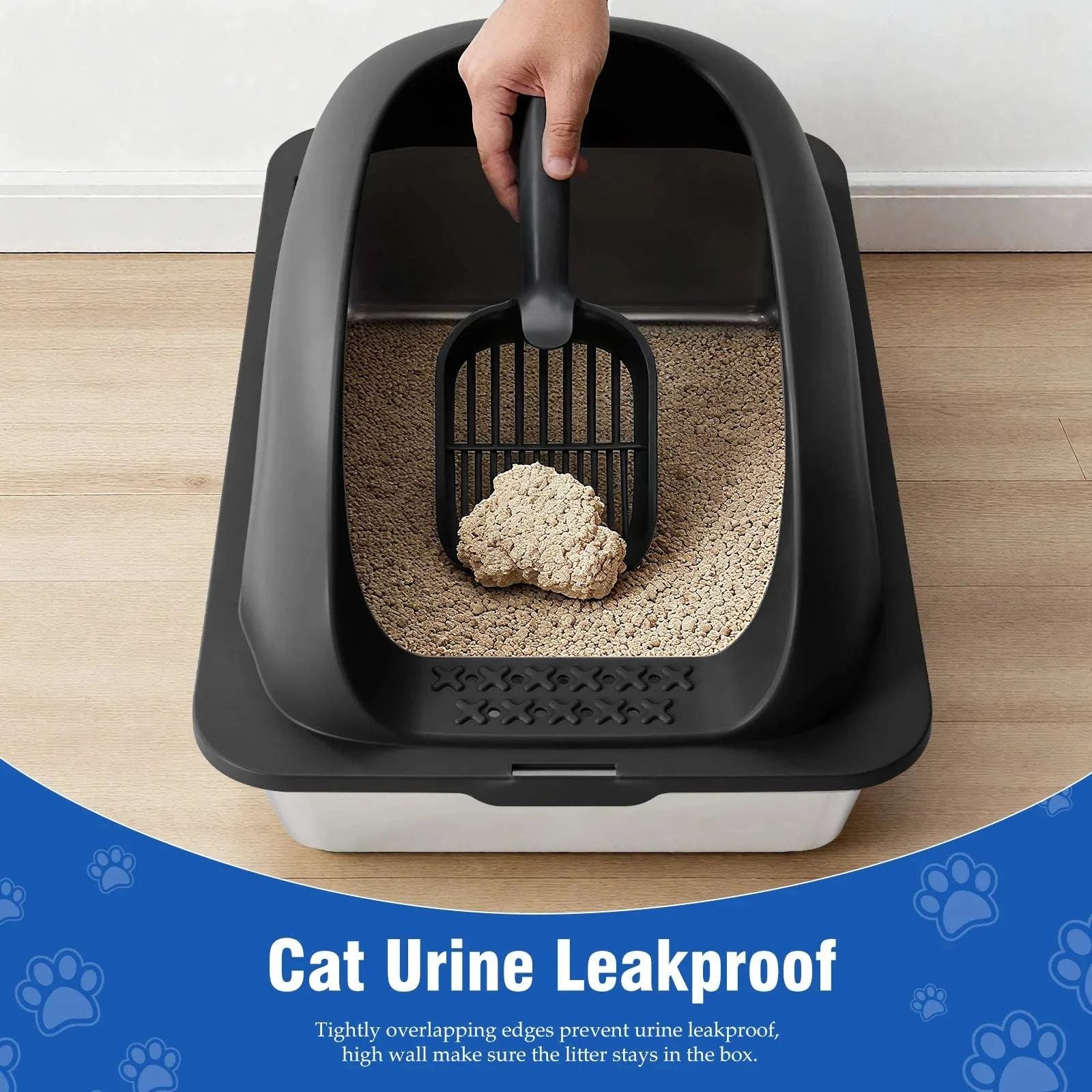 24" Stainless Steel Cat Litter Box with Lid, Scoop & Mat-black / United States