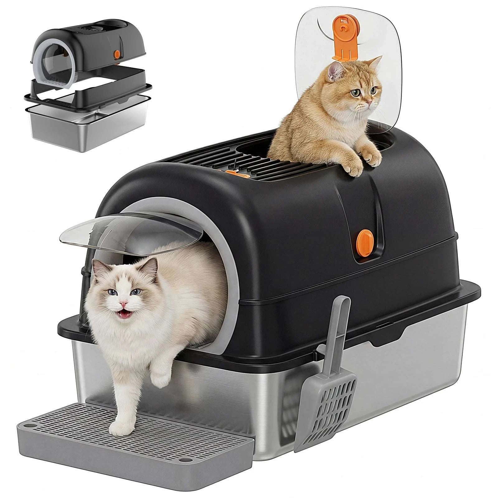 24" Stainless Steel Enclosed Cat Litter Box XL 30L with Scoop-GRAY / United States