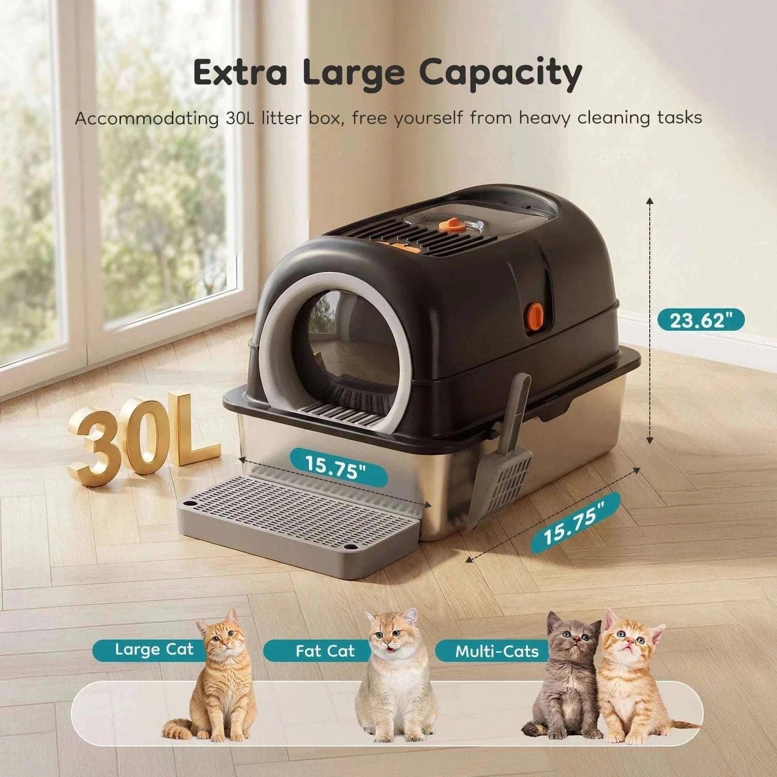 24" Stainless Steel Enclosed Cat Litter Box XL 30L with Scoop-GRAY / United States