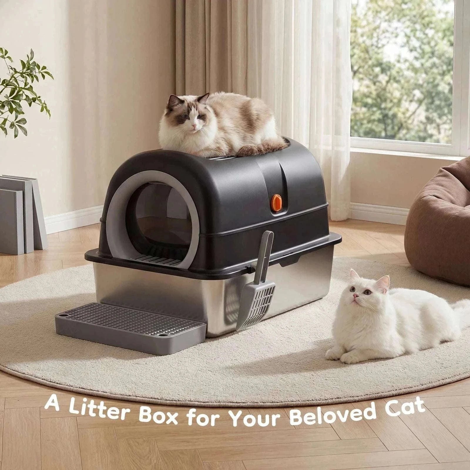 24" Stainless Steel Enclosed Cat Litter Box XL 30L with Scoop-GRAY / United States
