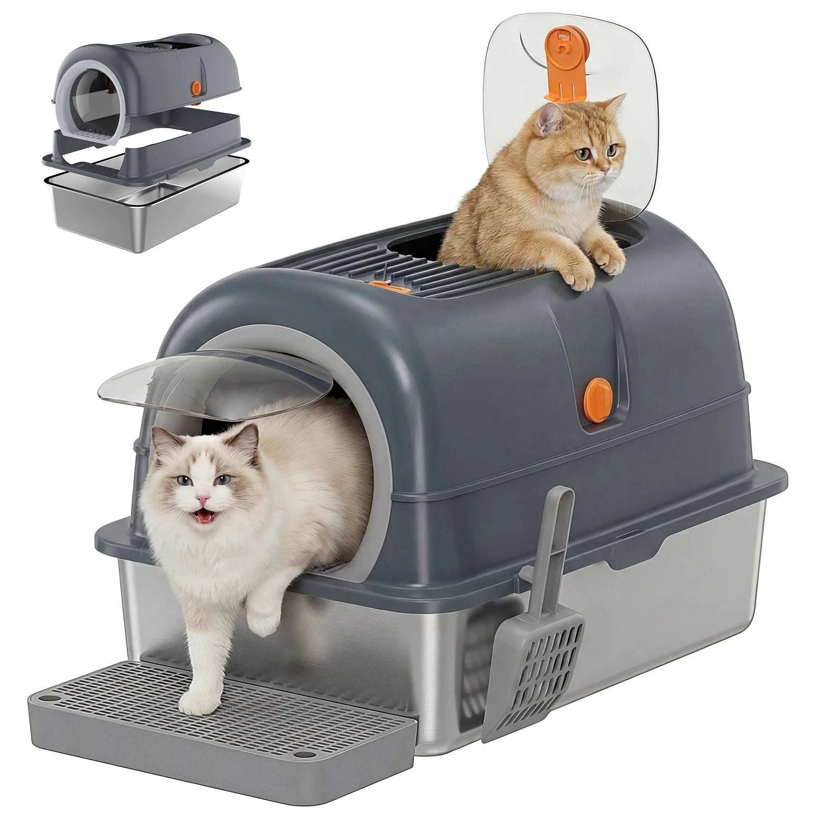 24" Stainless Steel Enclosed Cat Litter Box XL 30L with Scoop-GRAY / United States