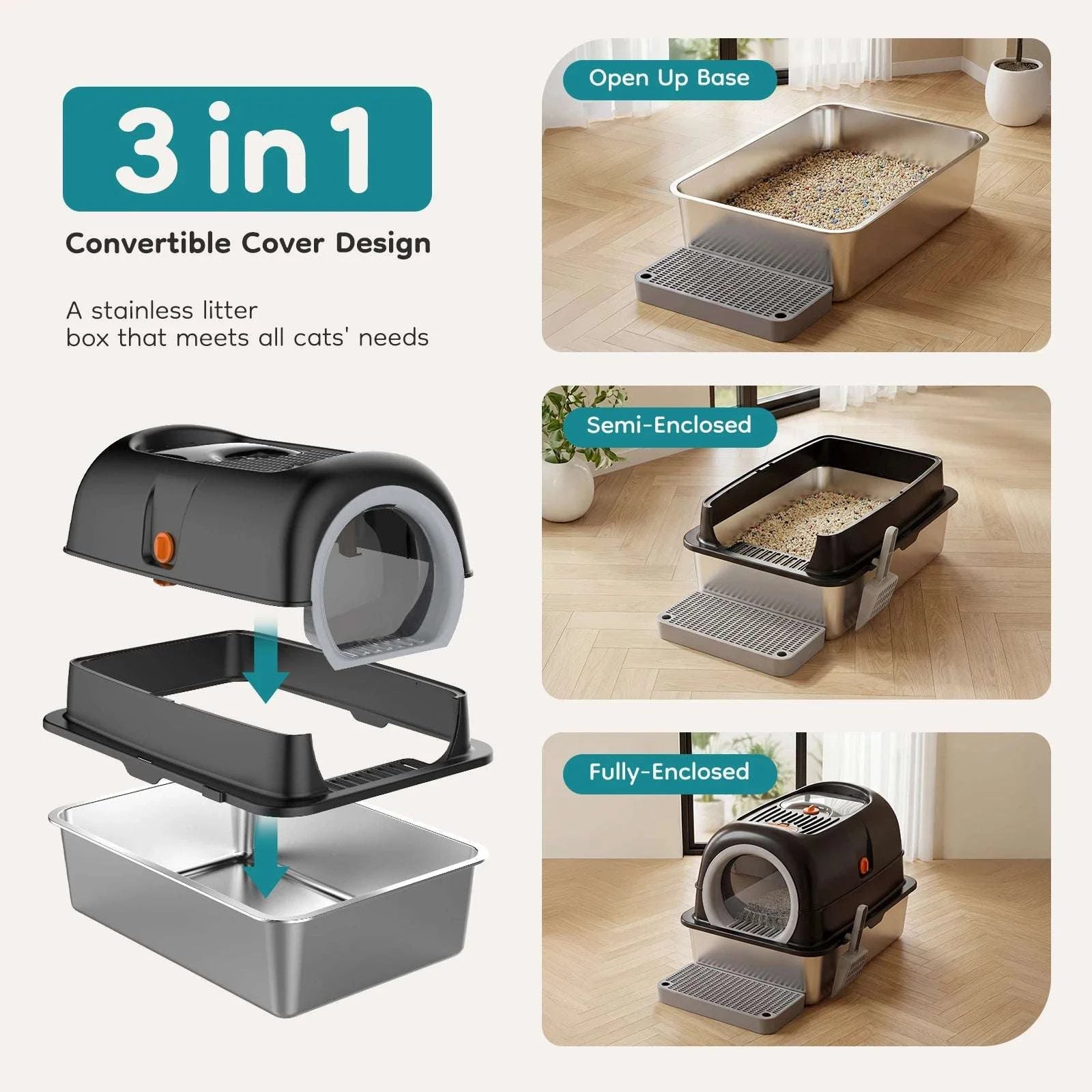 24" Stainless Steel Enclosed Cat Litter Box XL 30L with Scoop-GRAY / United States