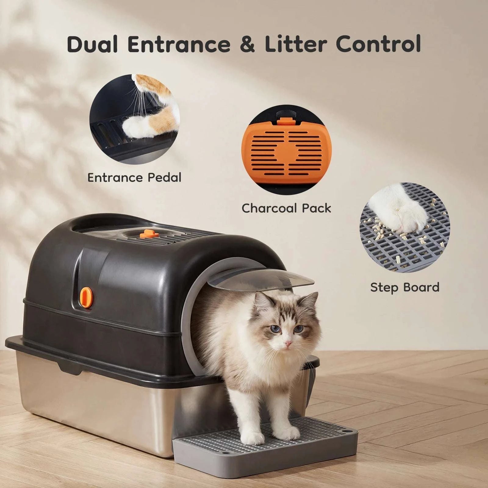 24" Stainless Steel Enclosed Cat Litter Box XL 30L with Scoop-GRAY / United States