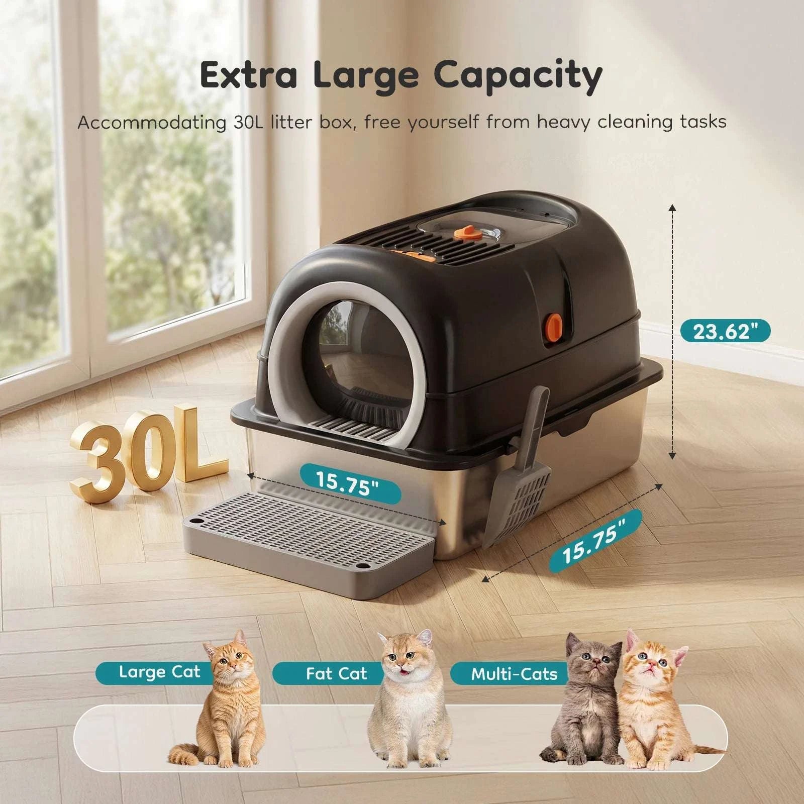 24" Stainless Steel Enclosed Cat Litter Box XL 30L with Scoop-GRAY / United States