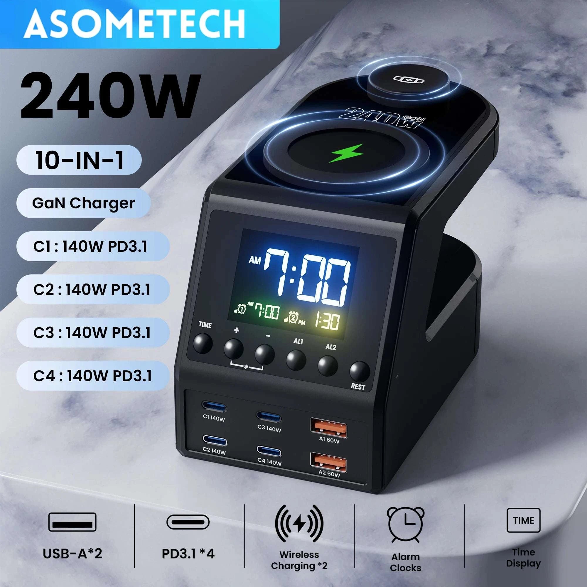 240W GaN Charging Station with 10 Ports, Wireless Pads & Clock-UK Plug